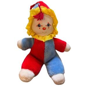 Vintage 1982 Amtoy Baby Soft Touch Clown Plush Chimes Rattle 12" Red Blue Yellow